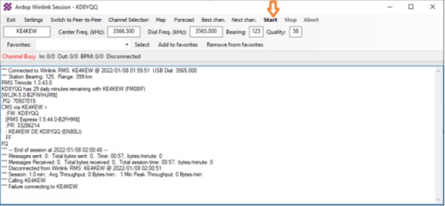 Winlink Ardop Session Start