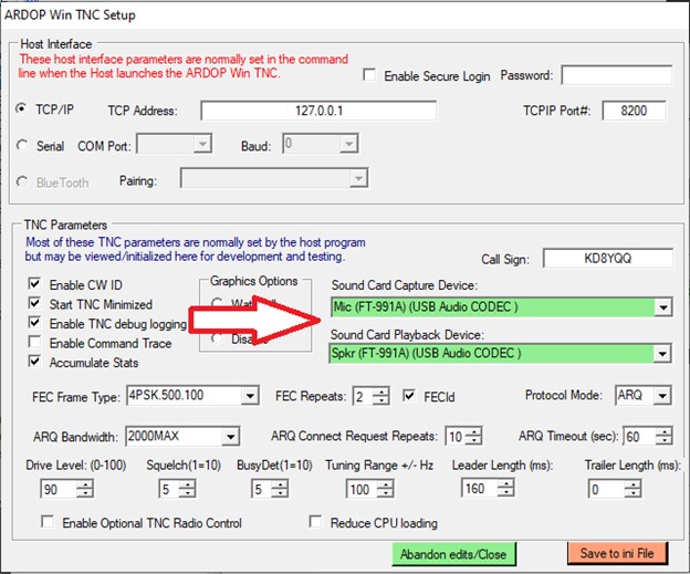 WInlink Ardop Soundcard Settings